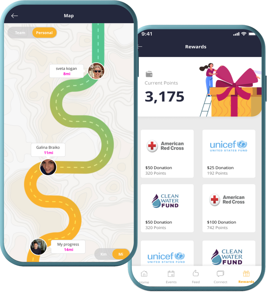 two mobile screens showing step challenge with donations