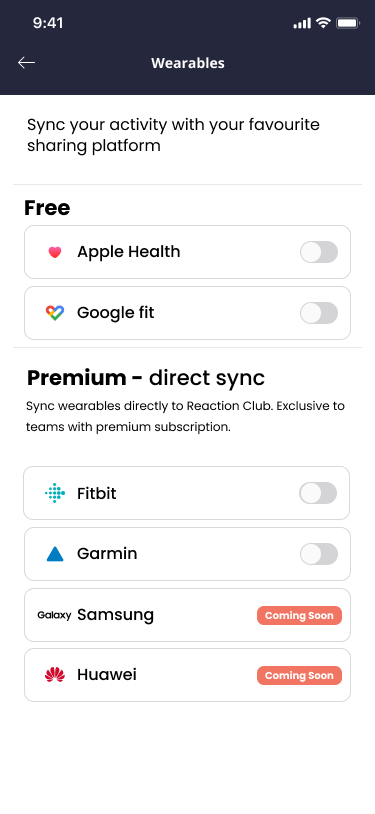 the screen of the reaction club app where users can connect their wearable devices