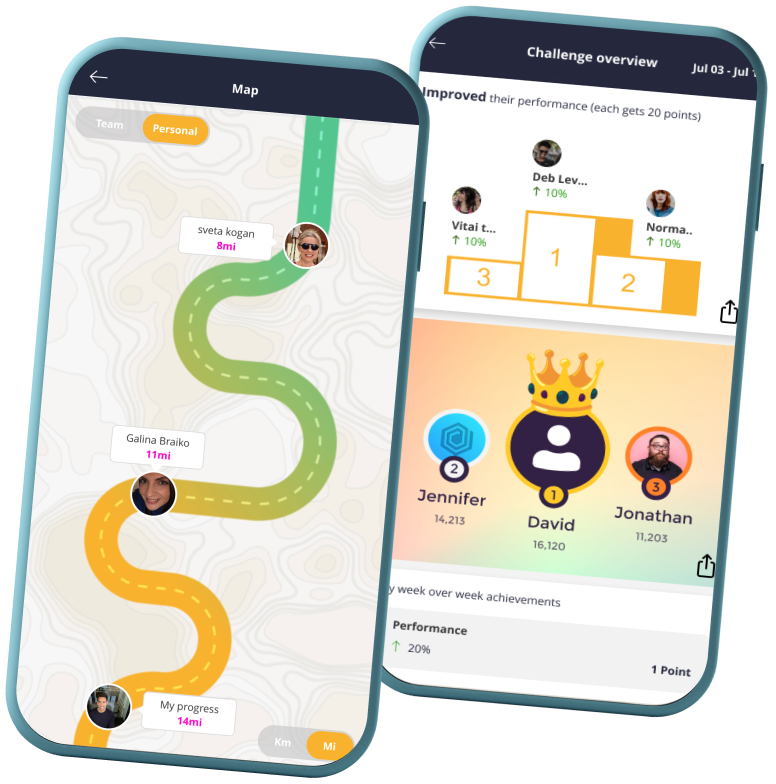 Two screens of a step challenge app showing progress map and winners announcement