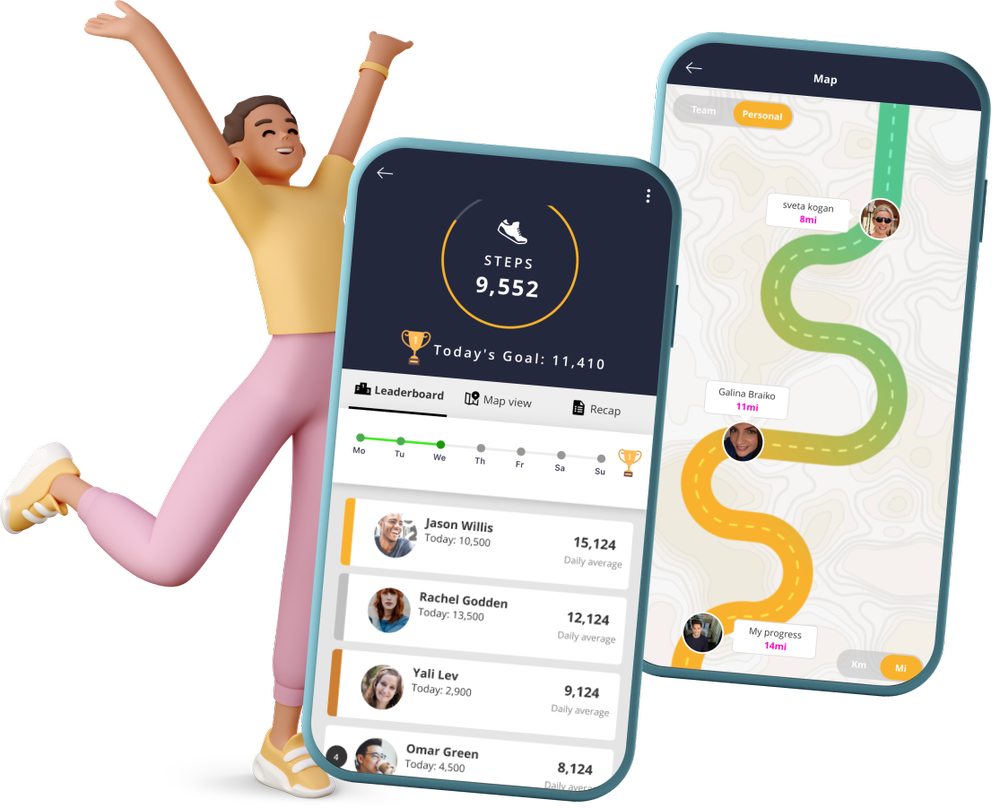 Happy employee with step challenge app