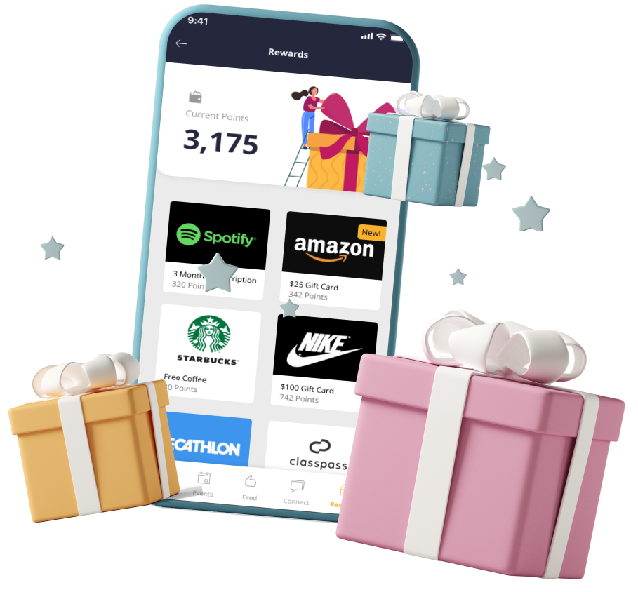 App shows gift cards that can be given for points earned by doing wellness activities