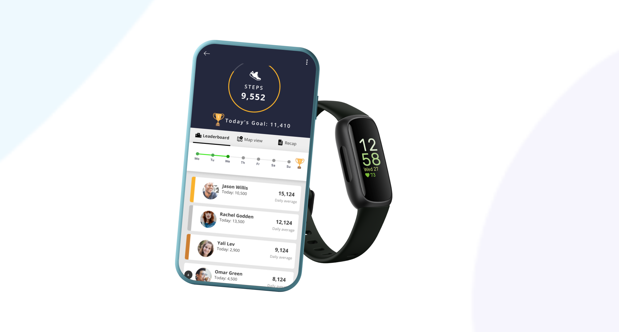 Fitbit device next to step tracker app